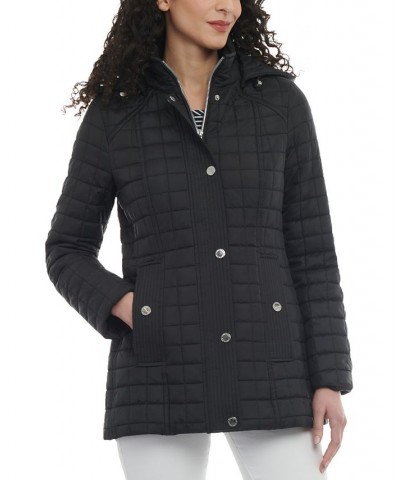 Petite Hooded Stand-Collar Box Quilted Coat Black $44.80 Coats