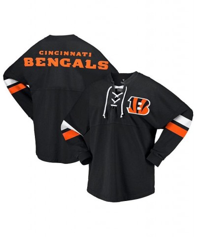 Women's Branded Black Cincinnati Bengals Spirit Jersey Lace-Up V-Neck Long Sleeve T-shirt Black $42.75 Tops