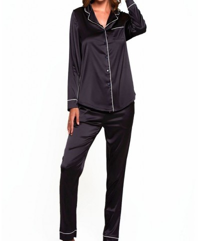 Women's Notch Collar Pajama Pant Set Black $51.70 Lingerie